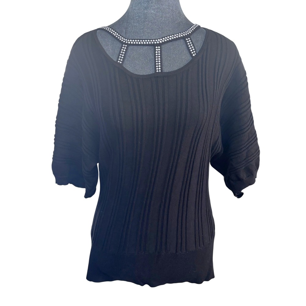 Adrienne Vittadini Wms Knit Black Glam Metal Stud Embellished Ribbed Top S
